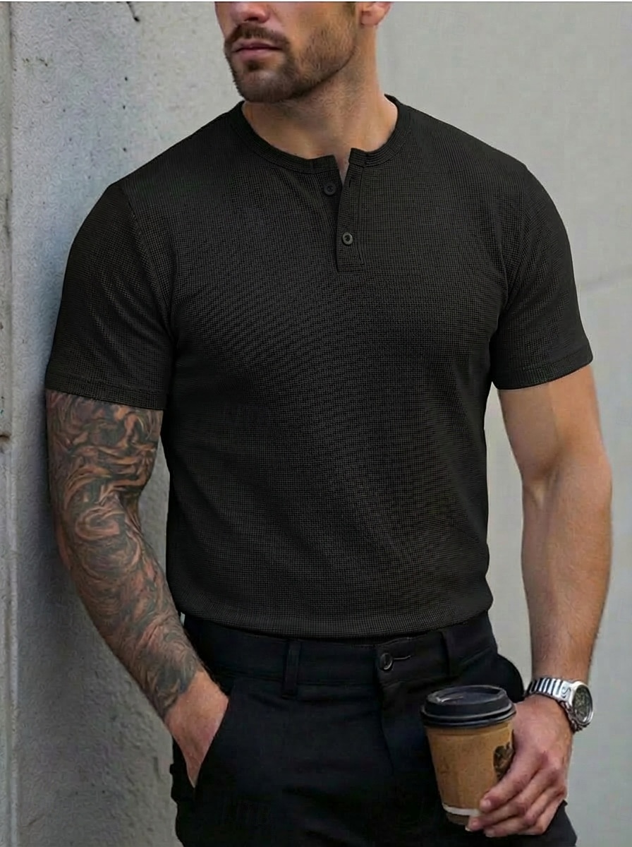 Bărbați Cămașă Henley Waffle Tee Top Manșon scurt Henley Vară Culoare solidă Modă Designer Comfortabil Nasturi Simplu Casual Zilnic În aer liber Negru Roz Alb Top tricou pentru bărbați 2026 - $18.99 –P9