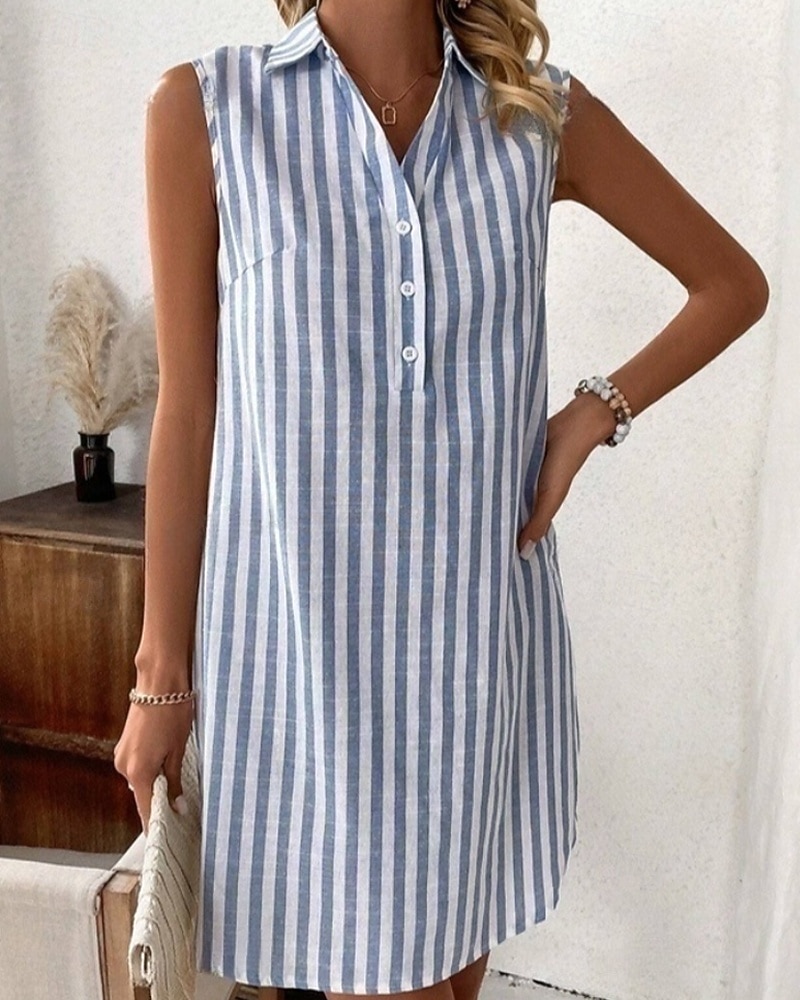 Per donna Mini Abito Abito Camicia Moda Moderno Vacanza Uscire Weekend Vestibilità comoda A righe Senza Maniche Colletto a Camicia Blu Nero Vino Verde Estate Primavera del 2026 a $21.99 –P3