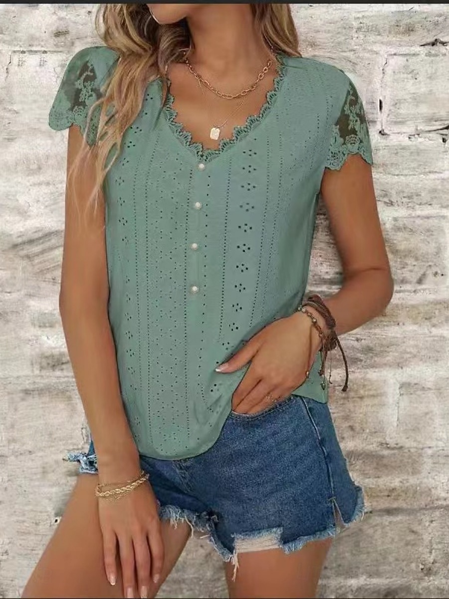 Women's Blouse Lace Eyelet Buttons Solid Color Stylish Basic Casual Short Sleeve V Neck Regular Tops Daily Blue Black White Light Green Pink Summer Spring 2026 - $21.99 –P4