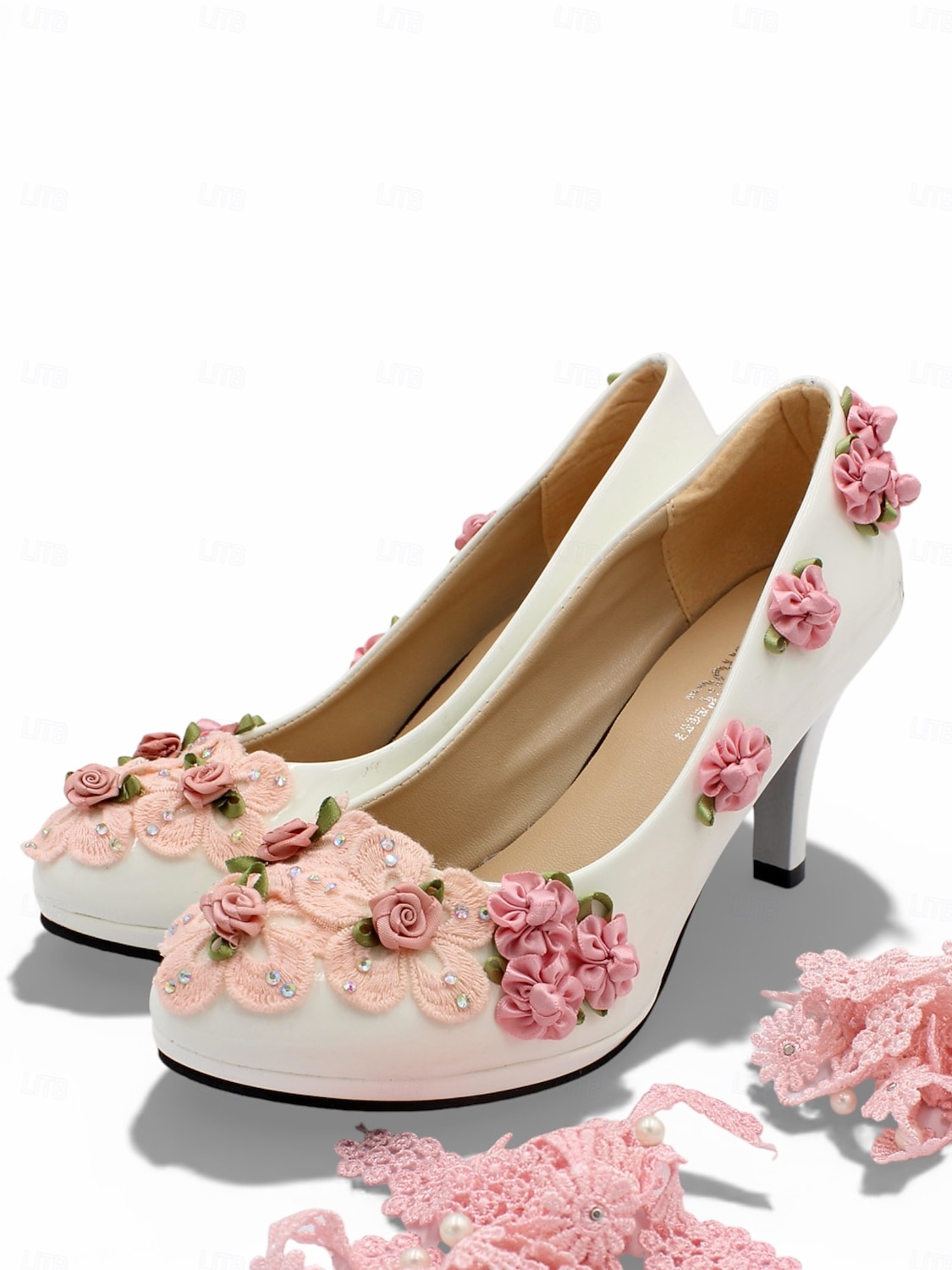 Elfenbeinfarbene, geblümte Damen-Ballerinas mit Knöchelriemen, romantische Brautschuhe für eine Gartenhochzeit im Freien 2026 - $42.99 –P5