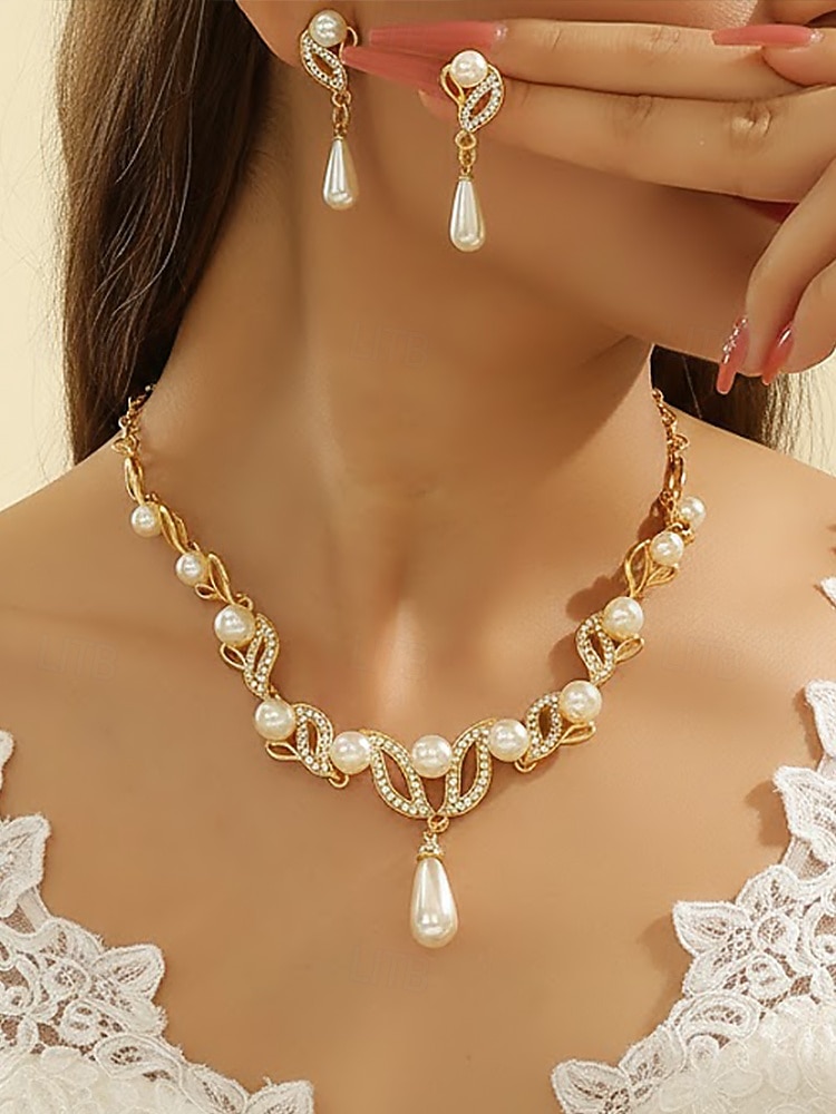 Elegantes Schmuckset aus Imitationsperlen für Damen, bestehend aus Halskette und Ohrringen in Gold- und Silberfarben mit Kristallakzenten, perfekt für Hochzeiten und festliche Anlässe. 2026 - $11.99 –P3