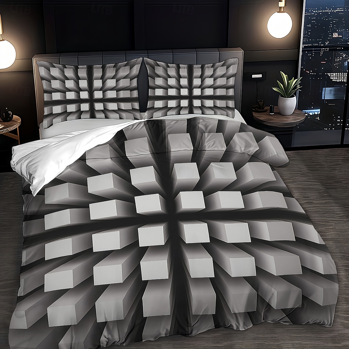 2026年 3D幾何学模様プリントの羽毛布団カバーセット、3点セット、ホテルスタイルの寝具セット、クイーンサイズ、羽毛布団カバー1枚と枕カバー2枚、柔らかいショートベルベット生地、掛け布団は含まれません  コレクション – $44.99 –P8