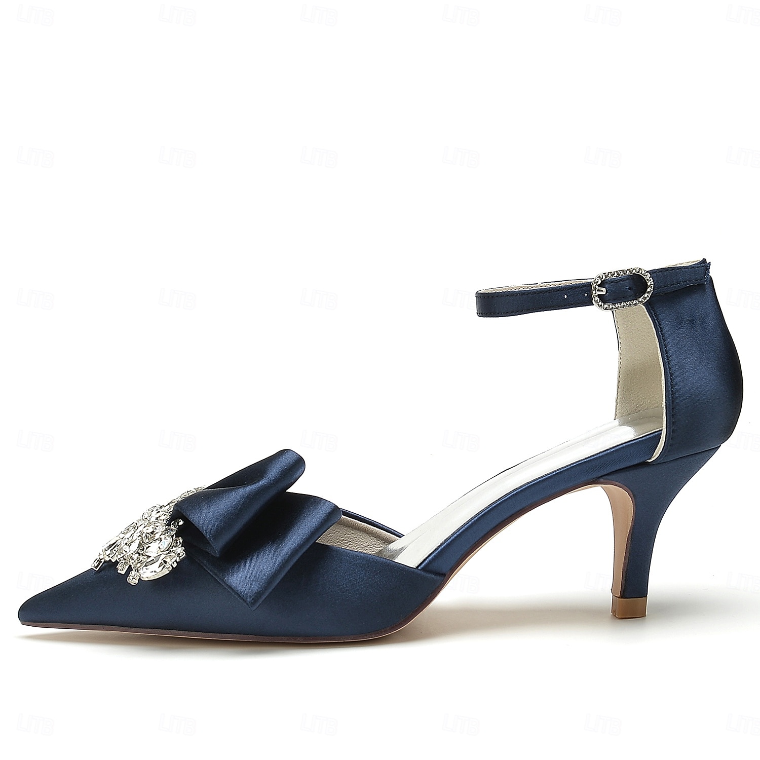 Elegantes zapatos de novia de satén con detalle de diamantes de imitación para mujer: punta puntiaguda, tacón bajo, tira al tobillo y varios colores. 2026 - $79.99 –P3