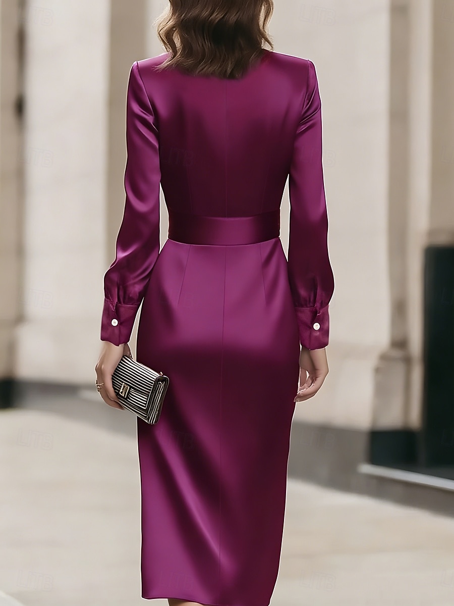 Dam Midiklänning Satängklänning Festklänning Elegant Mode Modern Utomhus Semester Fest Normal Slät Långärmad V-hals Purpur Sommar Vår Höst 2026 - $36.99 –P3