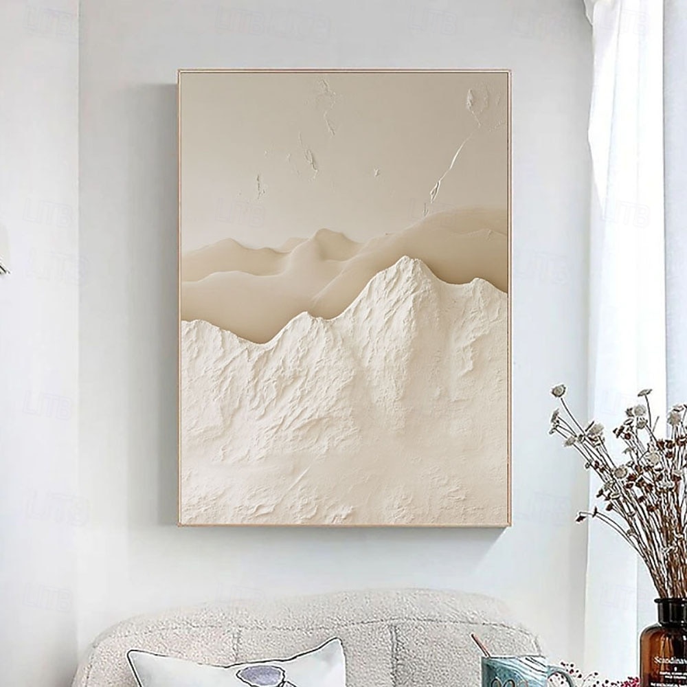 Tableau original blanc beige représentant une montagne, avec une texture 3D blanche. Peinture minimaliste beige en plâtre sur toile, style wabi-sabi. de 2026 ? $107.99 –P4