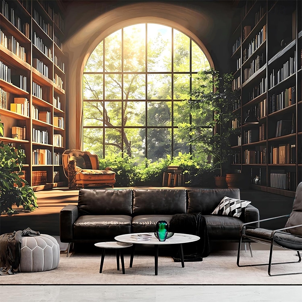 3D-bibliotekteppe veggteppe vintage bokhyllemønster stor stoffveggkunst buet vindu skogutsikt romdekor til stue/studie 2026 - $19.99 –P1
