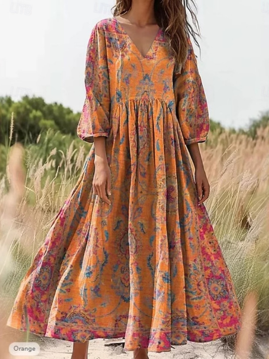 Pentru femei Rochii Midi Rochie florala Rochie imprimata Modă Modern În aer liber Vacanță Ieșire Potrivire Largă Floral Lungime Manșon 3/4 În V Albastru piscină Galben Portocaliu Vară Primăvară 2026 - $51.99 –P3