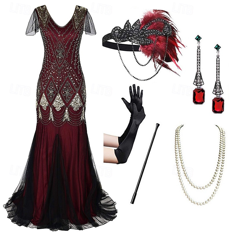 Ретро Бурные 20-е 1920-е годы В пол Платья Инвентарь Коктейльные платья  Короткие рукава Великий Гэтсби Свадебный гость Пайетки V-образный вырез Маскарадный костюм Жен. 2026 - $79.99 –P6