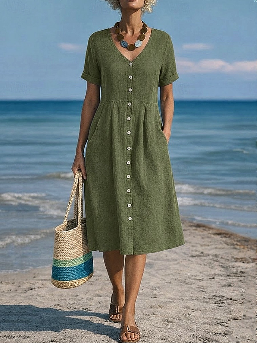 Damskie Sukienka midi Sztuczna bawełna len Sukienka A line Codzienny Codzienny Regularny Równina Krótki rękaw W serek Niebieski Czarny Biały Wino Lato Wiosna 2026 - $31.99 –P6