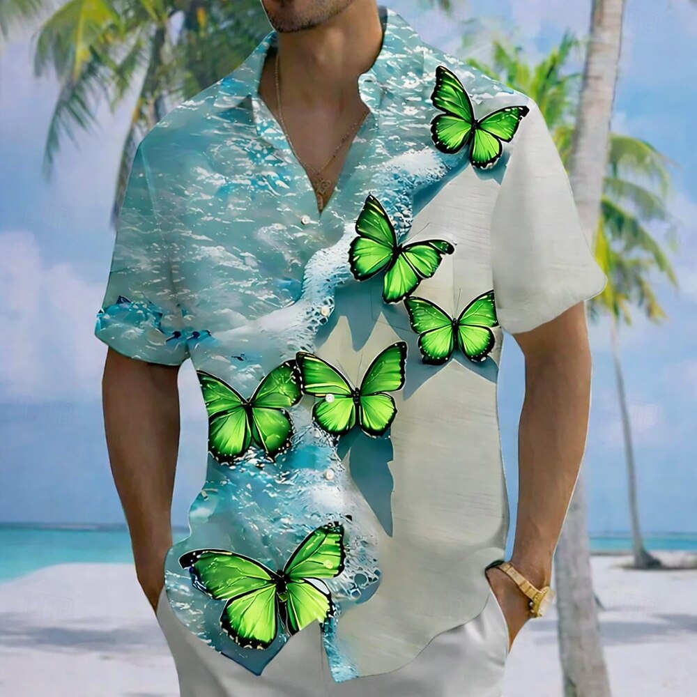 Men's Butterfly Ocean Waves Summer Hawaiian Shirt Button Up Shirt Aloha Shirt Short Sleeve Hawaiian Casual Vacation Summer Spring Turndown 3D Print Collared Shirts Front One Pocket Blue Purple Green 2026 - $25.99 –P5