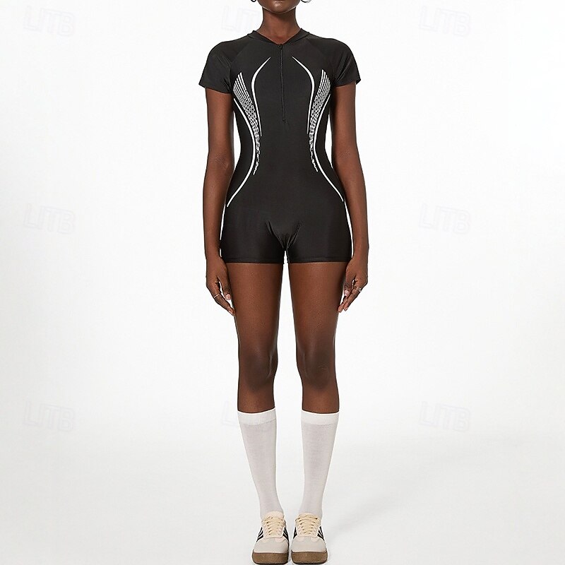 Women's Rash Guard One Pieces Patchwork Zip Up Boyleg Brief Leg UV ...