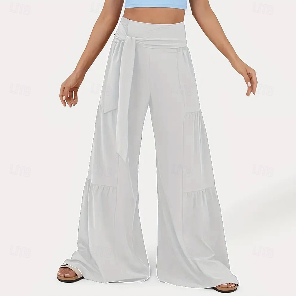 Dame Bukser Sommerbukser Strandbukser Ferie Mote Fritid hverdag Full lengde Middels midje Helfarge عادي Snorer Lapper Bred Bukseben Komfort Hurtigtørkende Myk Uelastisk Gateklær Strand Ferie Svart 2026 - $32.99 –P7