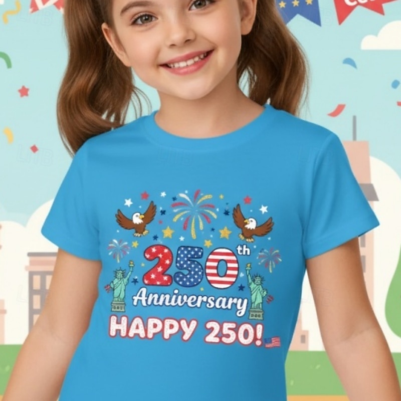 Mädchen 3D Grafik 250-jähriges Jubiläum T-Shirt Kurzarm 3D-Druck Sommer Frühling Sport Mode Streetwear Kinder 4-12 Jahre Rundhalsausschnitt Lässig Täglich Outdoor Normale Passform 2026 - $15.99 –P3