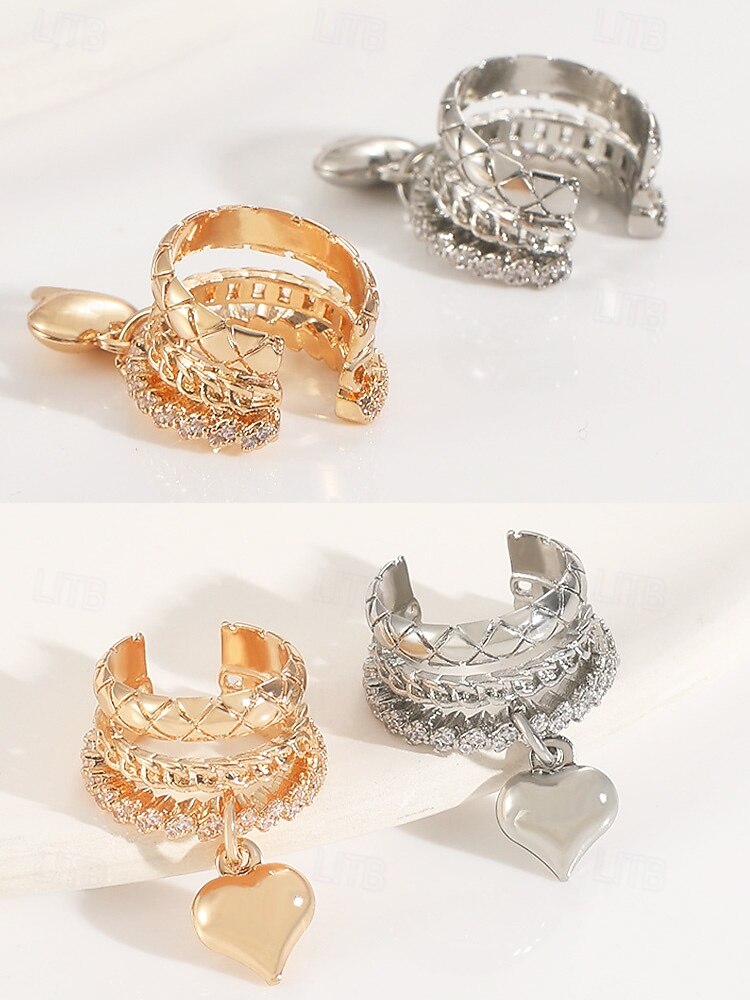 Verstelbare oormanchetten voor dames met hartjesmotief, gestapelde oorbellen van goud- en zilverkleurige legering, modieuze sieraden zonder gaatjes, perfect als Valentijnsdate of -cadeau. 2026 - $7.99 –P5