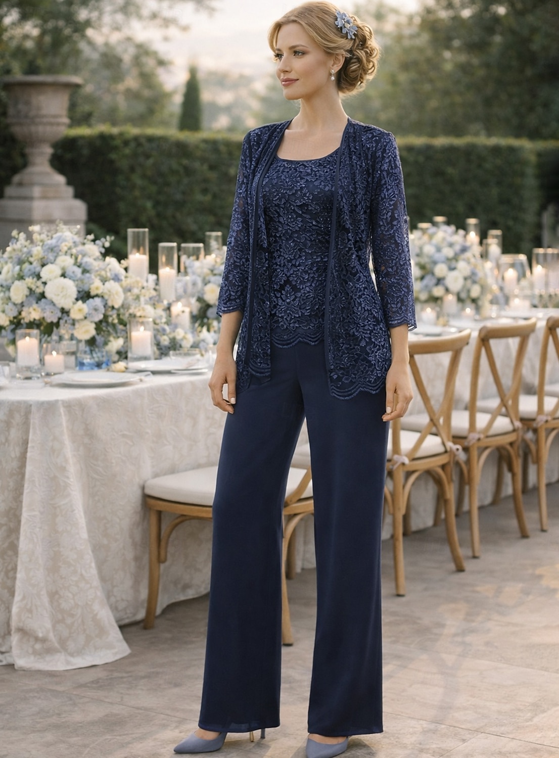 Buksedress gulvlengde mor til bruden kjole lang erme firkantet hals elegant bryllups gjest blonder med ensfarget 2026 - $146.99 –P1