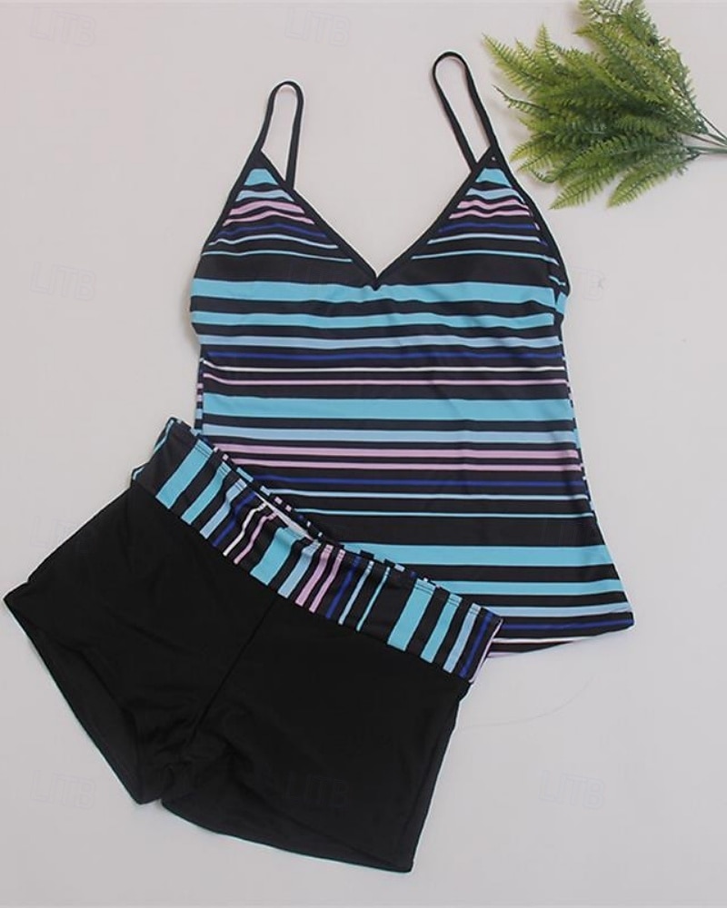 2026年 女性用 ミディアム サーフィン用タンキニ＆ビキニ 水着 タンキニ 縞柄 オープンバック UVプロテクション 弾性ある ノースリーブ スイムウェア サーフィン 潜水 水泳 夏  コレクション – $18.99 –P4