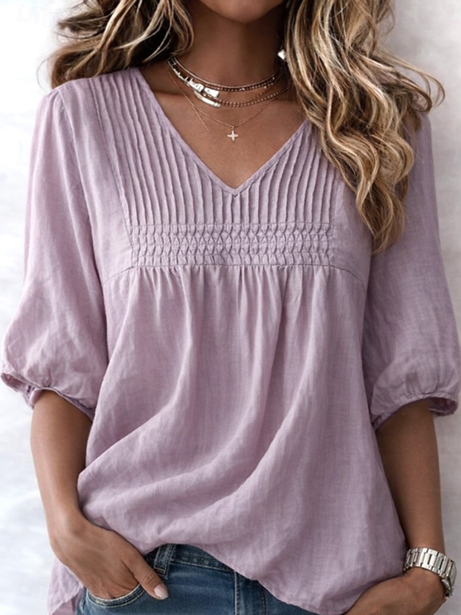 Mulheres Camisa Social Camisas com toque de linho Côr Sólida Tecido Vintage à moda Decote V Tops regulares Azul Branco Rosa Roxo Claro Verão Primavera de 2026 por $25.99 –P4