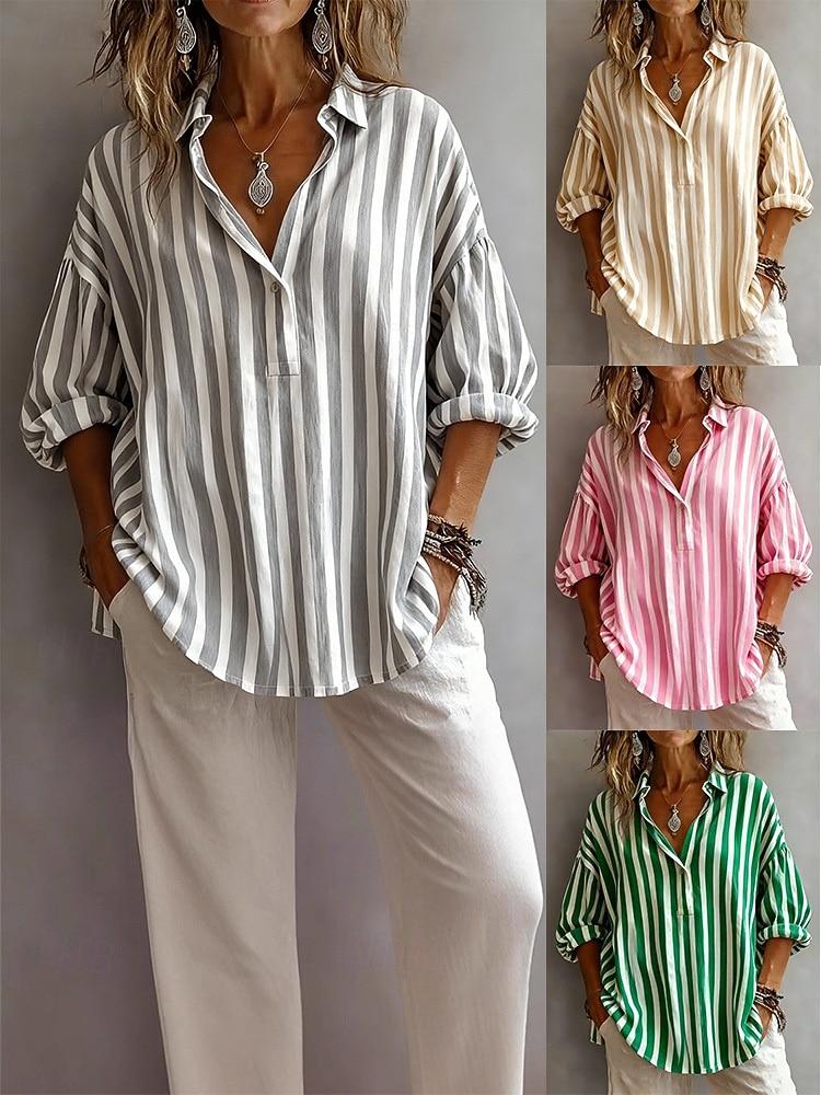 Жен. Поповер Рубашка Повседневная рубашка Блуза Графика Полоски Элегантный стиль Отпуск Стиль Длинный рукав Отложной Обычные топы Повседневные на открытом воздухе Офис Желтый Розовый Зеленый Серый 2026 - $31.99 –P5
