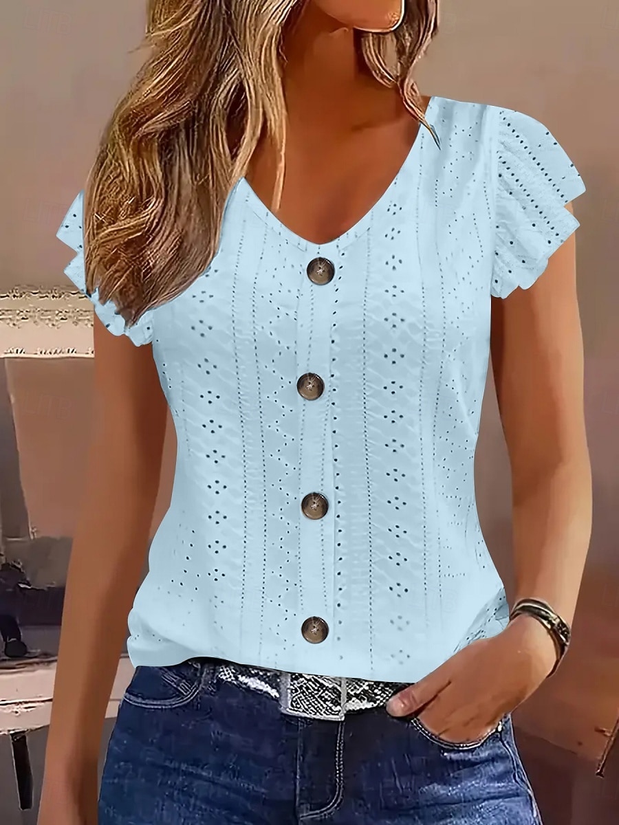 Mulheres Camiseta T-shirt Frufru Ilhó Botões Tecido Moda à moda Clássico Manga Curta Decote V Tops regulares Diário Para Noite Final de semana Branco Amarelo Rosa Azul Céu Verde Verão Primavera de 2026 por $21.99 –P7
