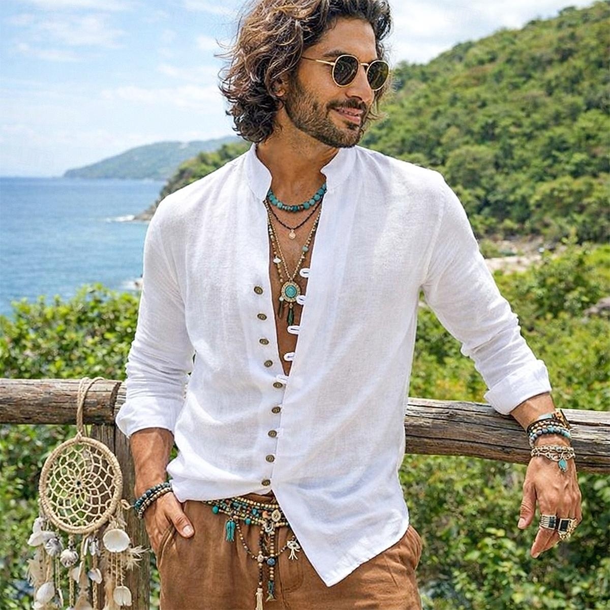 herrskjorta linneskjorta sommarskjorta vardagskjorta bohemskjorta enfärgad vardaglig blå svart vit rosa långärmad mandarinkrage sommar vår &höstkläder 2026 - $25.99 –P3