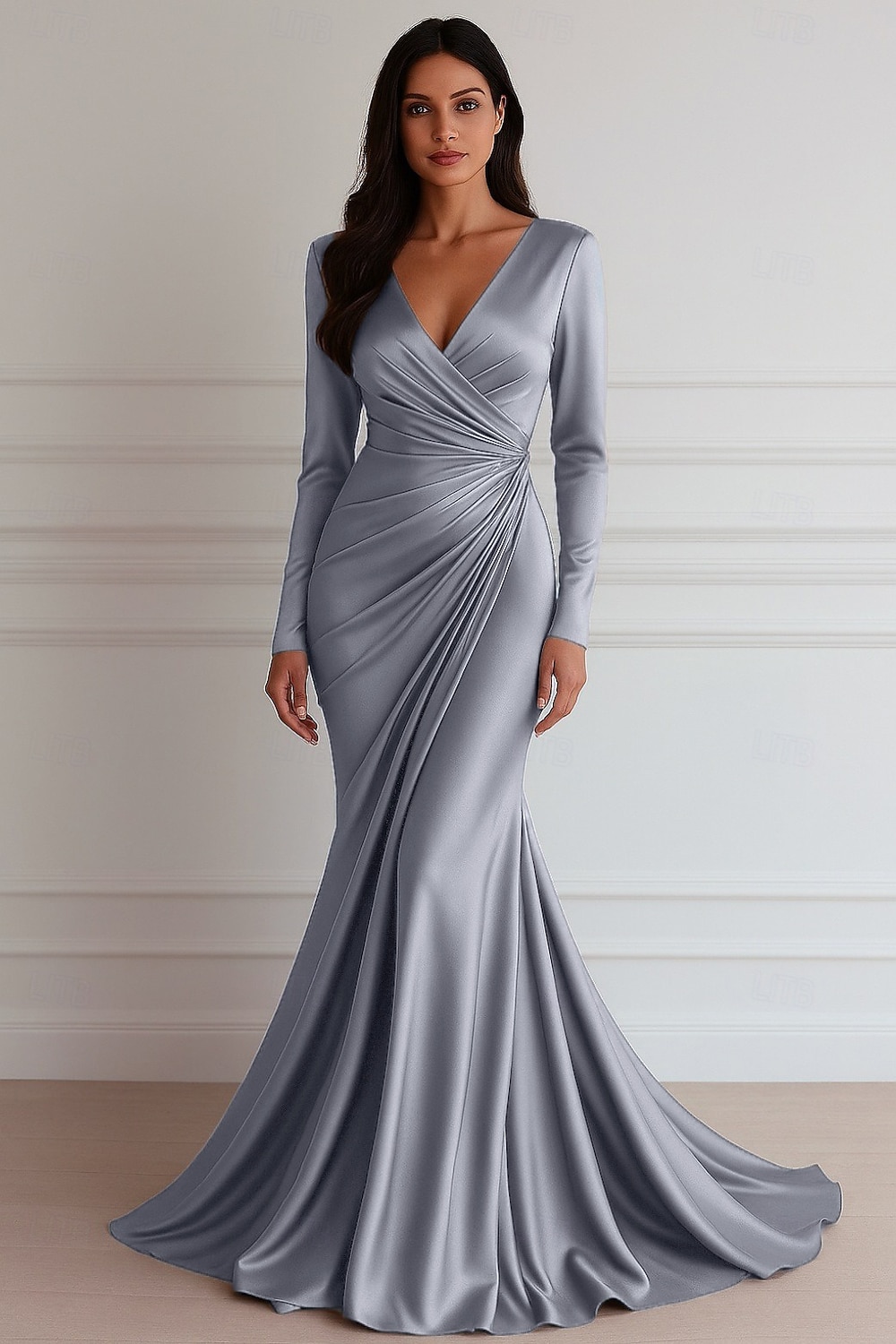 Corte Trompeta Sirena Hasta el Suelo Trajes de gala Vestidos de noche Corte Cenicienta Vestimenta formal Elegante Manga Larga Escote en Pico Boda Formal Vestido rosa Satén elástico con Plisado 2026 - $172.99 –P5