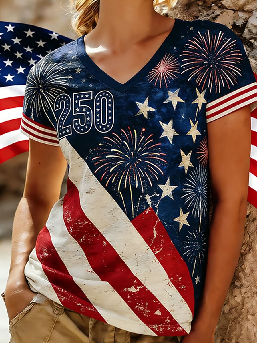 Ημέρα Ανεξαρτησίας Αμερικανική Επέτειος Πατριωτική Γυναικεία Τ-Shirt Γραφικά Σημαία Vintage Στυλάτη Κλασική Κοντό Μανίκι V Λαιμό Καθημερινός Εκτύπωση Μπλε Μαύρο Ναυτικό Μπλε Μωβ Καλοκαίρι Άνοιξη 2026 - $21.99 –P3