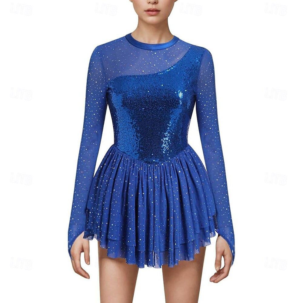 Figure Skating Dress Women's Ice Skating Dress Violet Navy Black Patchwork Thumbhole High Elasticity Training Competition Skating Wear Classic Crystal / Rhinestone Sleeveless Long Sleeve Ice Skating 2026 - $323.29 –P1