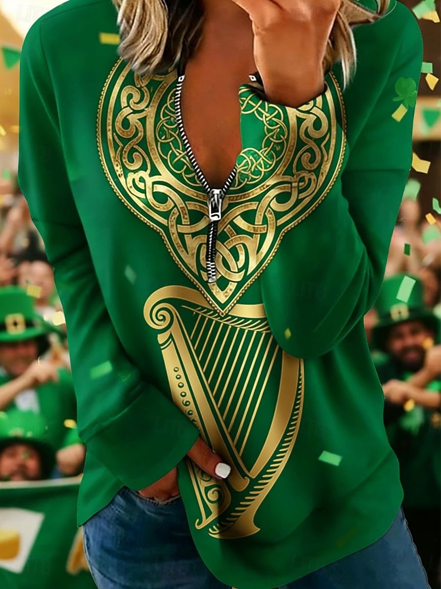 St. Patrick's Day Women's Pullover Sweatshirt Shamrock Casual Long Sleeve V Neck Regular Tops Street Dailywear Zipper Pocket Print Green Spring Fall 2026 - $25.99 –P8