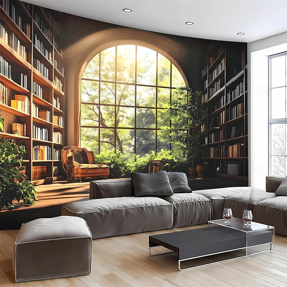 3D-bibliotekteppe veggteppe vintage bokhyllemønster stor stoffveggkunst buet vindu skogutsikt romdekor til stue/studie 2026 - $19.99 –P3