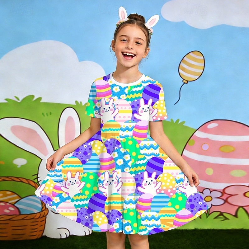 Velikonoce Girls ' 3D Grafika Králíček Šaty Krátký rukáv 3D tisk Léto Jaro Denní Dovolená Párty Roztomilý Základní Na běžné nošení Děti 4-12 let Volnočasové šaty Áčkové šaty Délka ke kolenům Běžný 2026 - $19.99 –P1