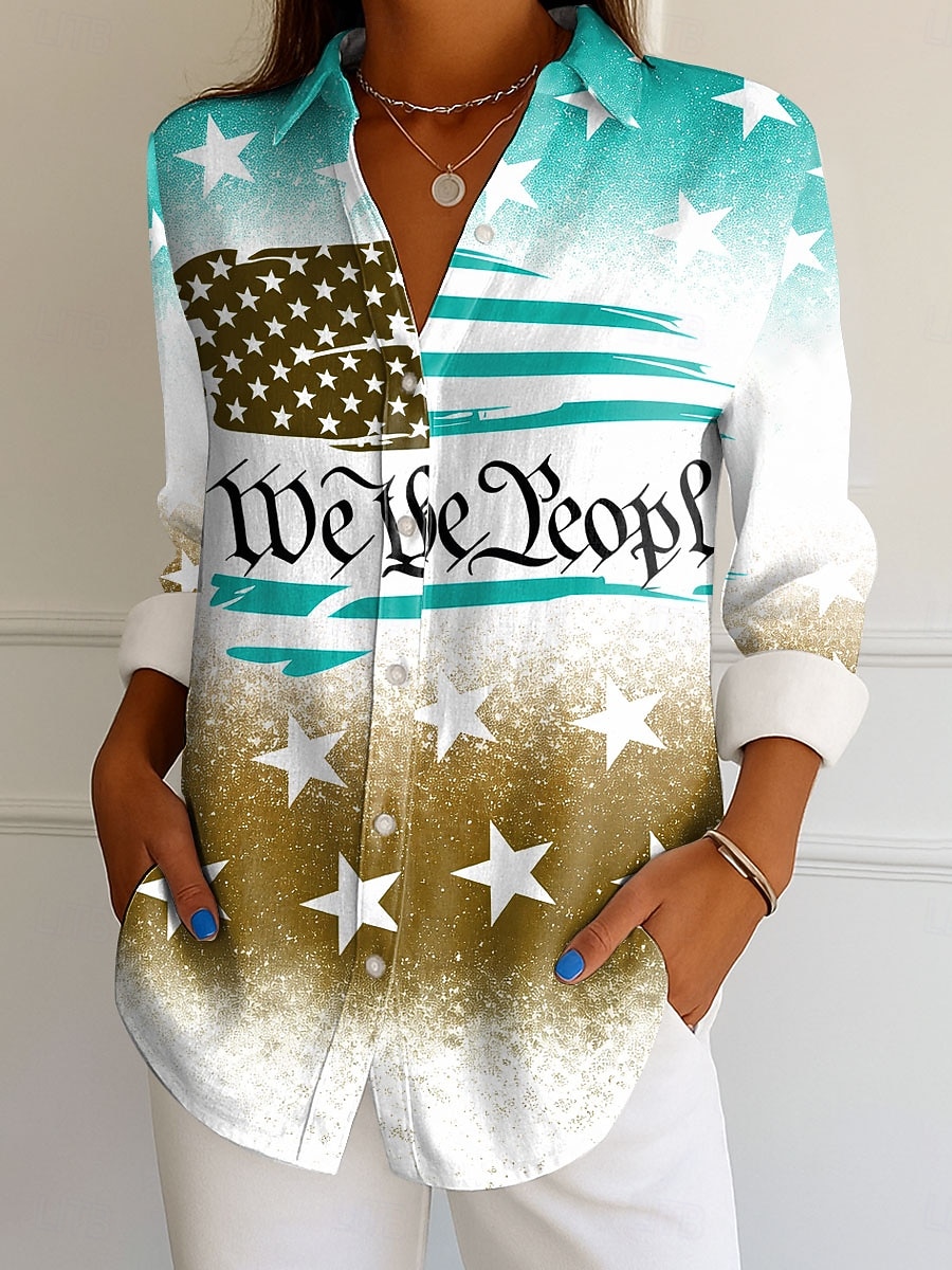 Unabhängigkeitstag Patriotisches Damen Hemd Bluse Grafik Flagge Vintage Alltag Stylisch Langarm Hemd Kragen Reguläre Oberteile Alltag Druck Gelb Rot Lila Grün Frühling Herbst Winter 2026 - $32.99 –P3