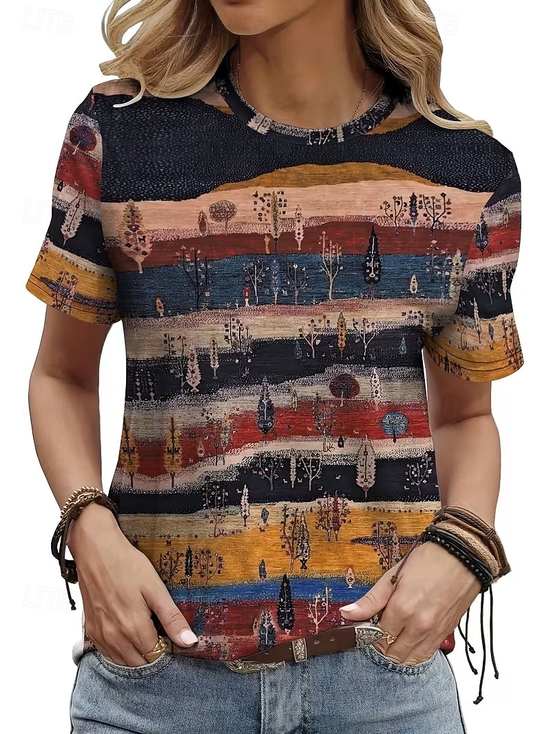 Per donna Maglietta Stampato Blocco di colori Elegante Classico Casual Manica Corta Girocollo Top Regolari Quotidiano Blu Giallo Cachi Estate Primavera Autunno Inverno del 2026 a $22.99 –P1
