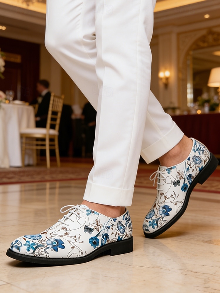 Chaussures habillées blanches pour homme à motif floral, broderie florale bleue, modèle Oxford à lacets, style élégant et formel pour mariages, fêtes et occasions spéciales. de 2026 ? $54.99 –P4