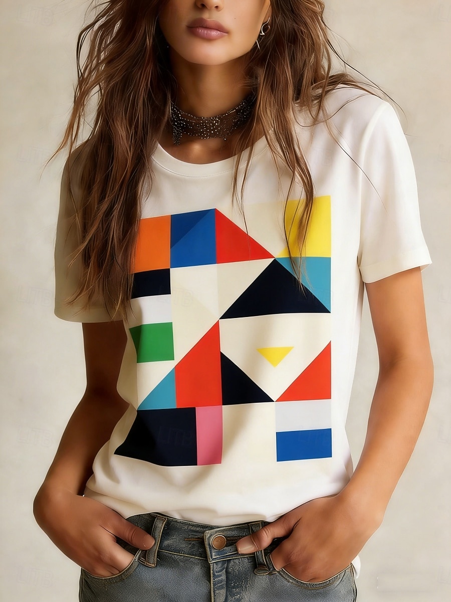 Mulheres Camiseta T-shirt Imprimir Gráfico Geométrica à moda Clássico Casual Manga Curta Gola Redonda Tops regulares Diário Esportes Para Noite Branco Verão Primavera de 2026 por $19.49 –P1