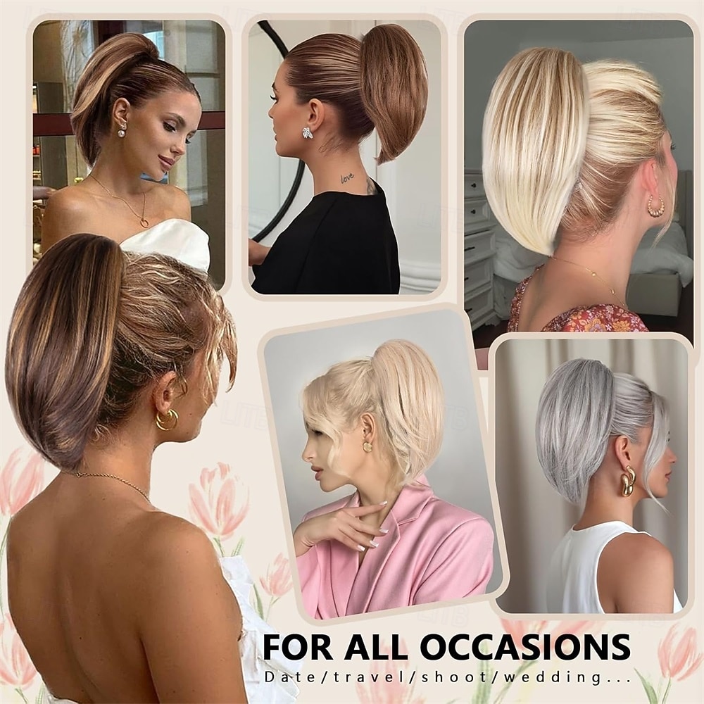 2026年 女性用クリップ式ポニーテール - 10インチのショートポニーテールエクステンション、ストレートポニーテールヘアエクステンション、合成毛エクステンションポニーテール、クリップ式ポニーテール（ダークブロンドとベージュブロンドのハイライト）10  コレクション – $16.49 –P5