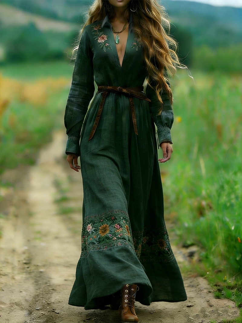 Women's Long Dress Maxi Dress Boho Dress Casual Dress Swing Dress Summer  Dress Vintage Daily Beach Vacation Regular Fit Floral Long Sleeve V Neck  Green Summer 2026