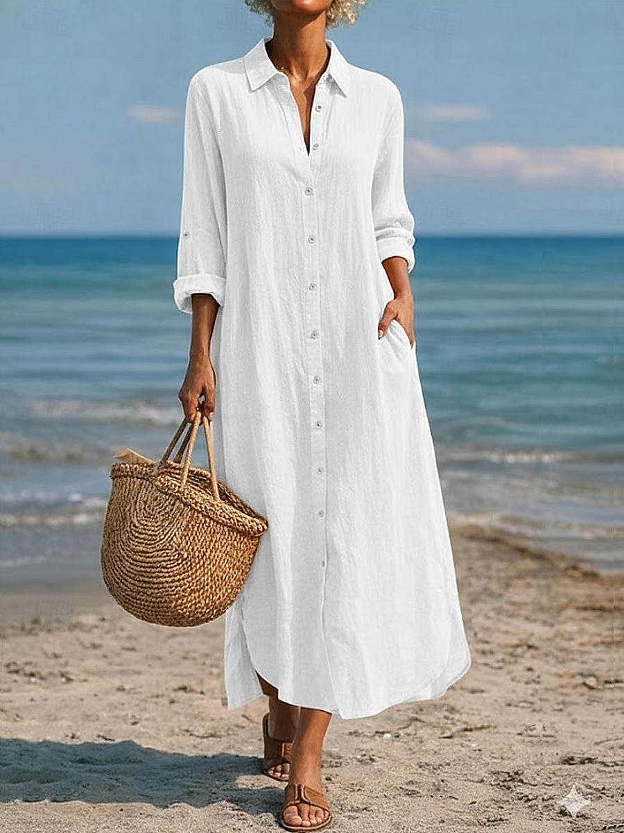שמלת מקסי לנשים מכותנה ופשתן שמלת שינוי קזואלית יומית רחבה פשוטה עם שרוולים ארוכים צווארון כחול שחור לבן ירוק בהיר קיץ אביב סתיו 2026 - $41.99 –P8