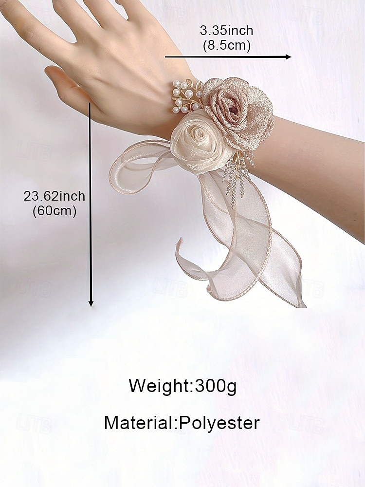 Bruidscorsageset van polyester voor dames, champagnekleurige en witte bloem voor de pols van de bruidsmeisjes en boutonnière voor de bruidsjonkers, elegante romantische stijl voor huwelijksceremonies, verlovingen en formele gelegenheden. 2026 - $9.99 –P9