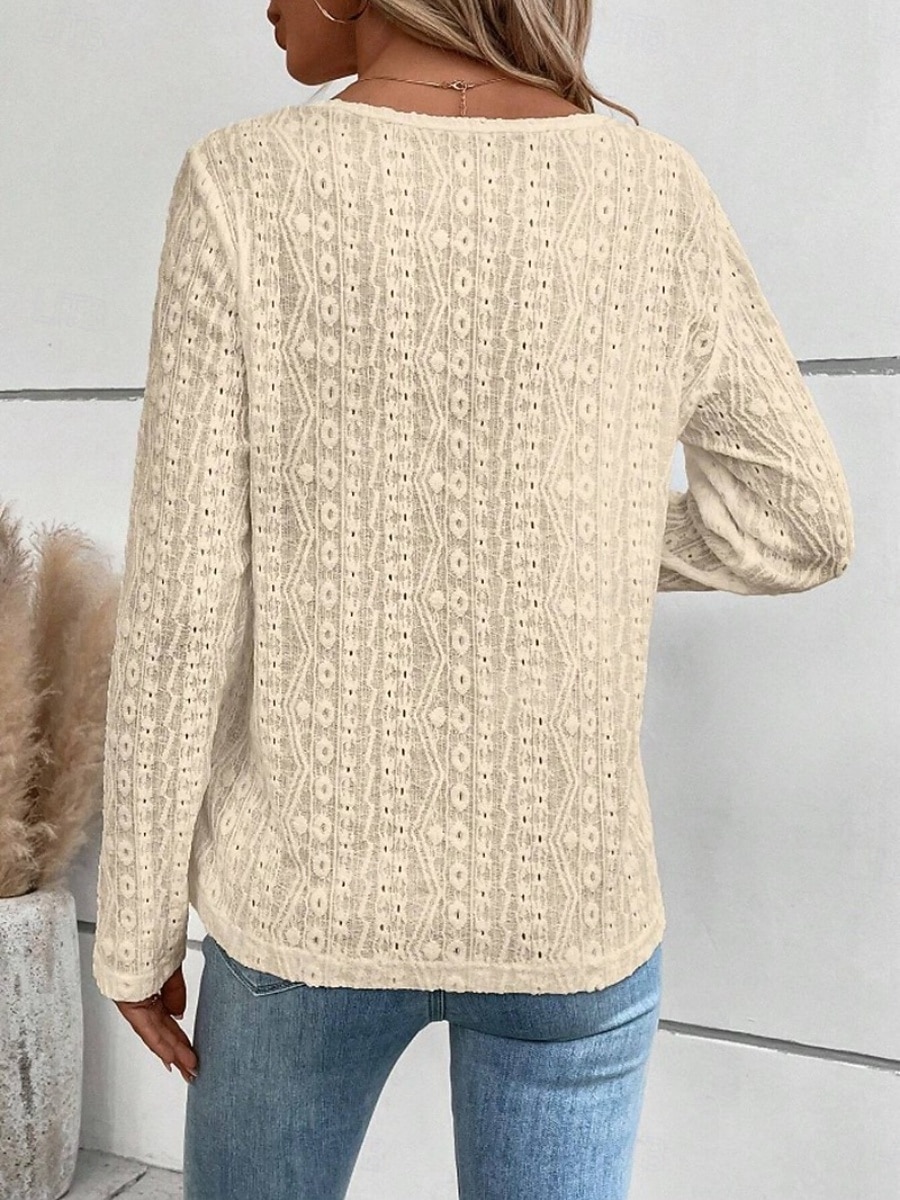 Damskie Top z koronką Bluzka Koronka Guziki Jednokolorowe Elegancki Codzienny Długi rękaw Półgolf Zwykłe topy Codzienny Czarny Biały Fioletowy Brązowy Morelowy Wiosna Jesień 2026 - $25.99 –P13
