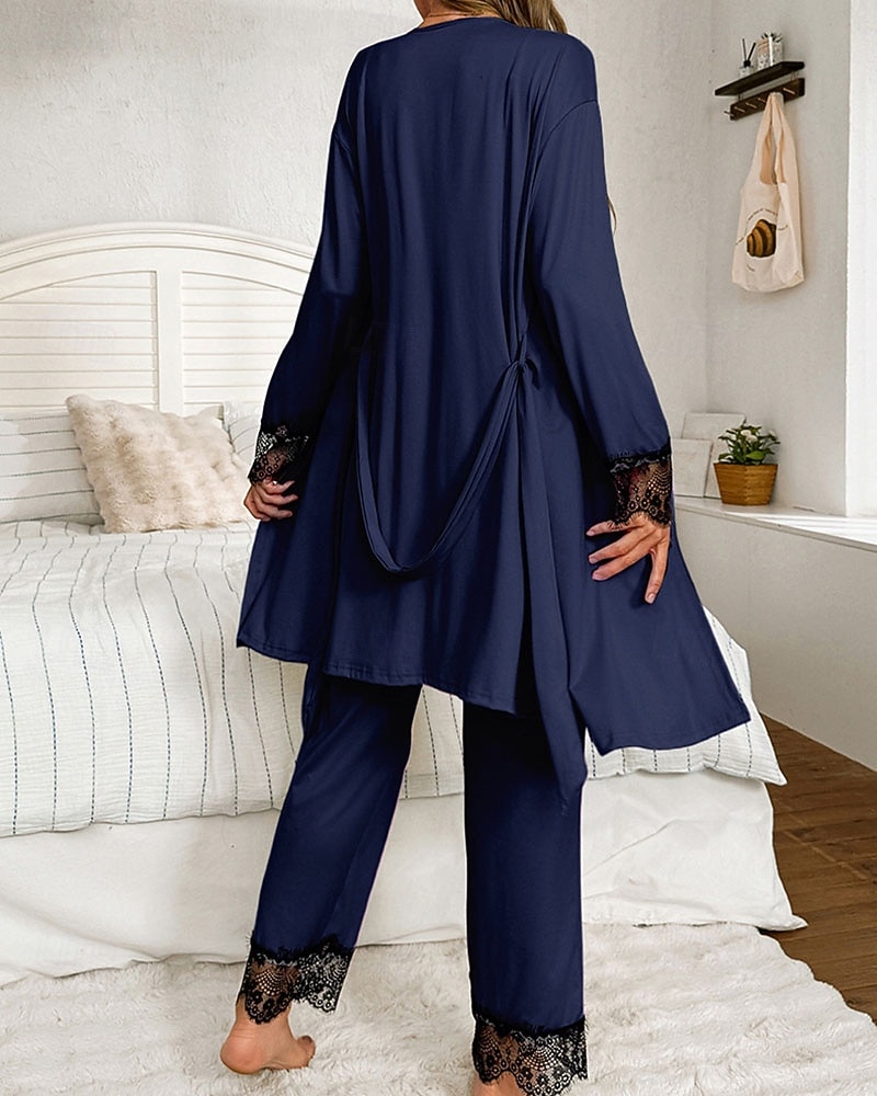 Women's Loungewear Robe Pajama Set Fashion Luxury Casual Pure Color Lace Elastic Waist Pant Home Vacation Long Sleeve V Neck Black Pink Wine Navy Blue Summer Spring Fall Regular Fit 2026 - $45.99 –P8