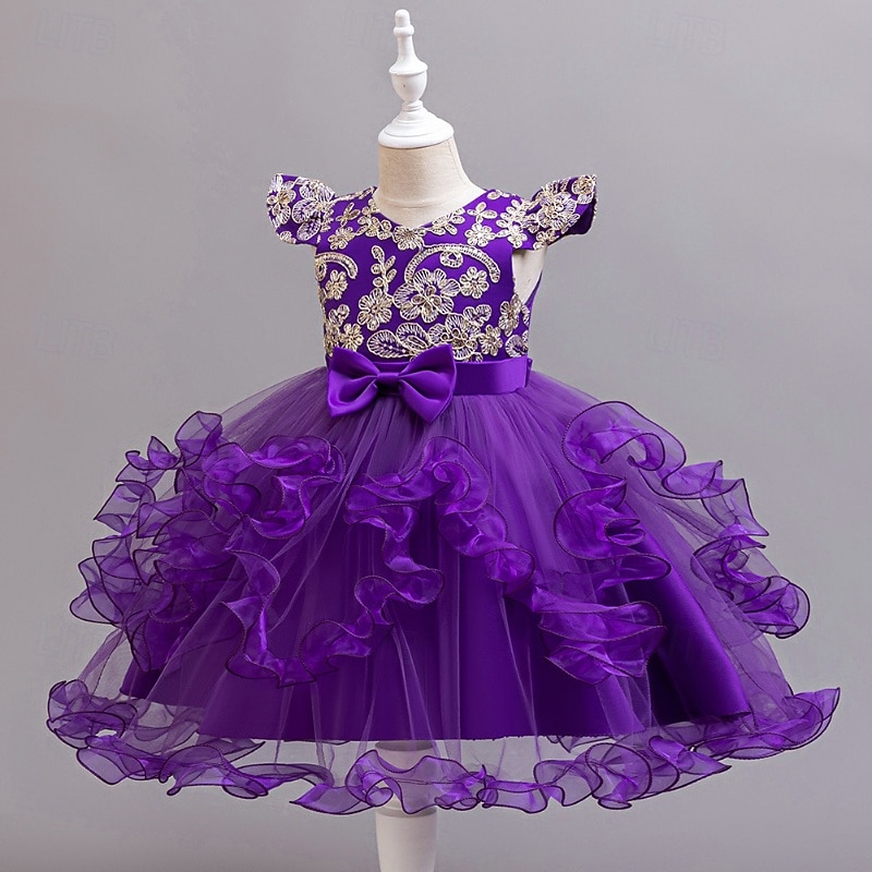Robe de Demoiselle d'Honneur Fille Fille Robe de soirée Tenue de mariage Soirée Mariage Formel Mode Adorable Princesse Patchwork Broderie Fleuri Sans manches Col en V Bleu Champagne 4 ans et + de 2026 ? $42.99 –P12
