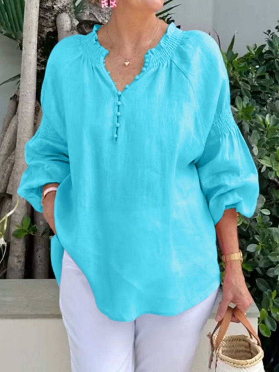 Blusa de Linho Feminina Como Algodão Falso Botões Cor Sólida Casual de Mangas Longas Decote V Tops Longos Diários Azul Preto Branco Rosa Primavera Outono de 2026 por $28.99 –P1