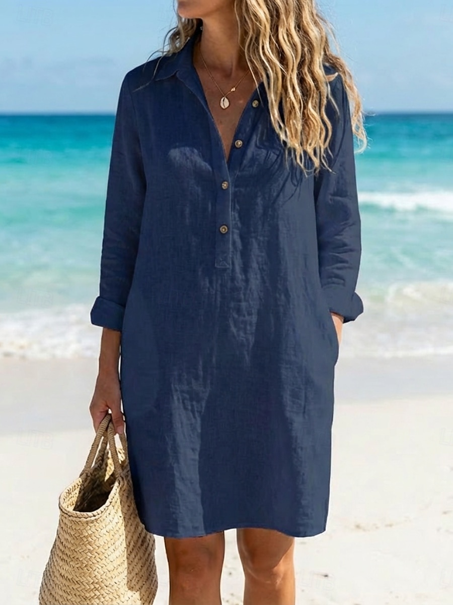 Per donna Abito al ginocchio Abiti in cotone e lino Abito Camicia Moda Moderno All'aperto Vacanza Ferie Vestibilità regolare Semplice Manica Lunga Colletto a Camicia Bianco Giallo Blu marino Estate del 2026 a $21.99 –P2