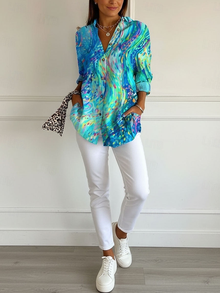 Bluze hawaiene pentru femei topuri fluide bluze vintage grafice geometrice topuri lungi cu mânecă lungă cămașă cu guler nasturi imprimeu ajustat vacanță muncă zilnic albastru deschis îmbrăcăminte de 2026 - $28.99 –P3