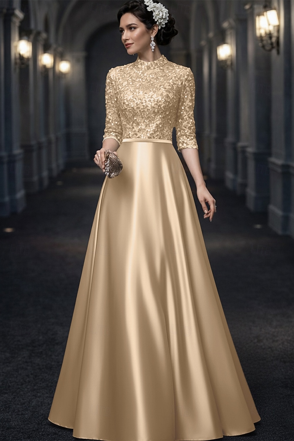 Krój A Sięgająca podłoża Sukienka dla gościa weselnego Suknia Suknia wieczorowa Sukienka dla matki panny młodej Rękaw 1/2 Wysoki Elegancja Zabytkowe Gość weselny Wesele Satyna z Kokardki Haft 2026 - $98.99 –P5