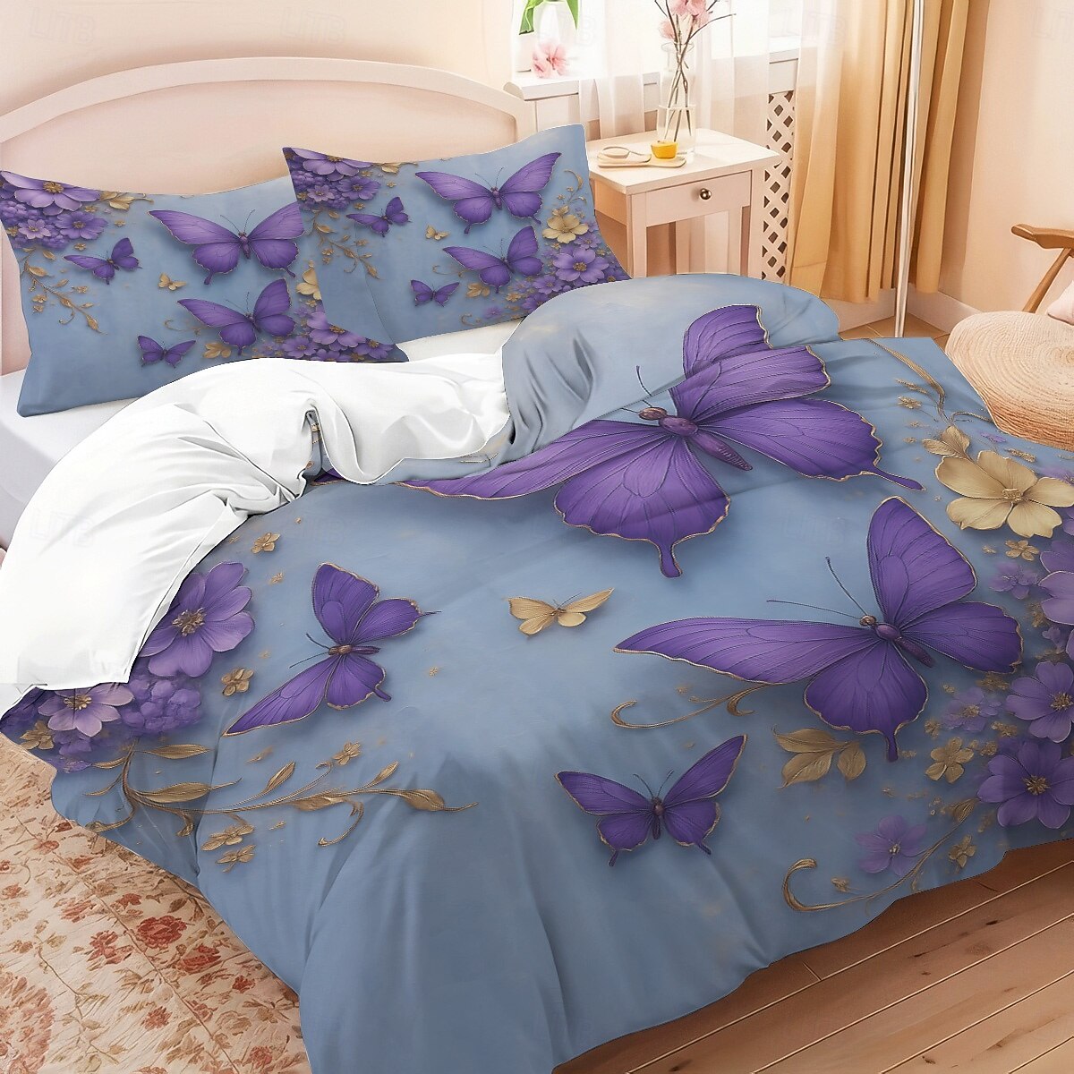 Juego de funda nórdica con estampado de flores y mariposas de rosas moradas, juego de cama estilo hotel con 1 funda nórdica y 2 fundas de almohada, tela de felpa suave, no incluye edredón. 2026 - $44.99 –P5