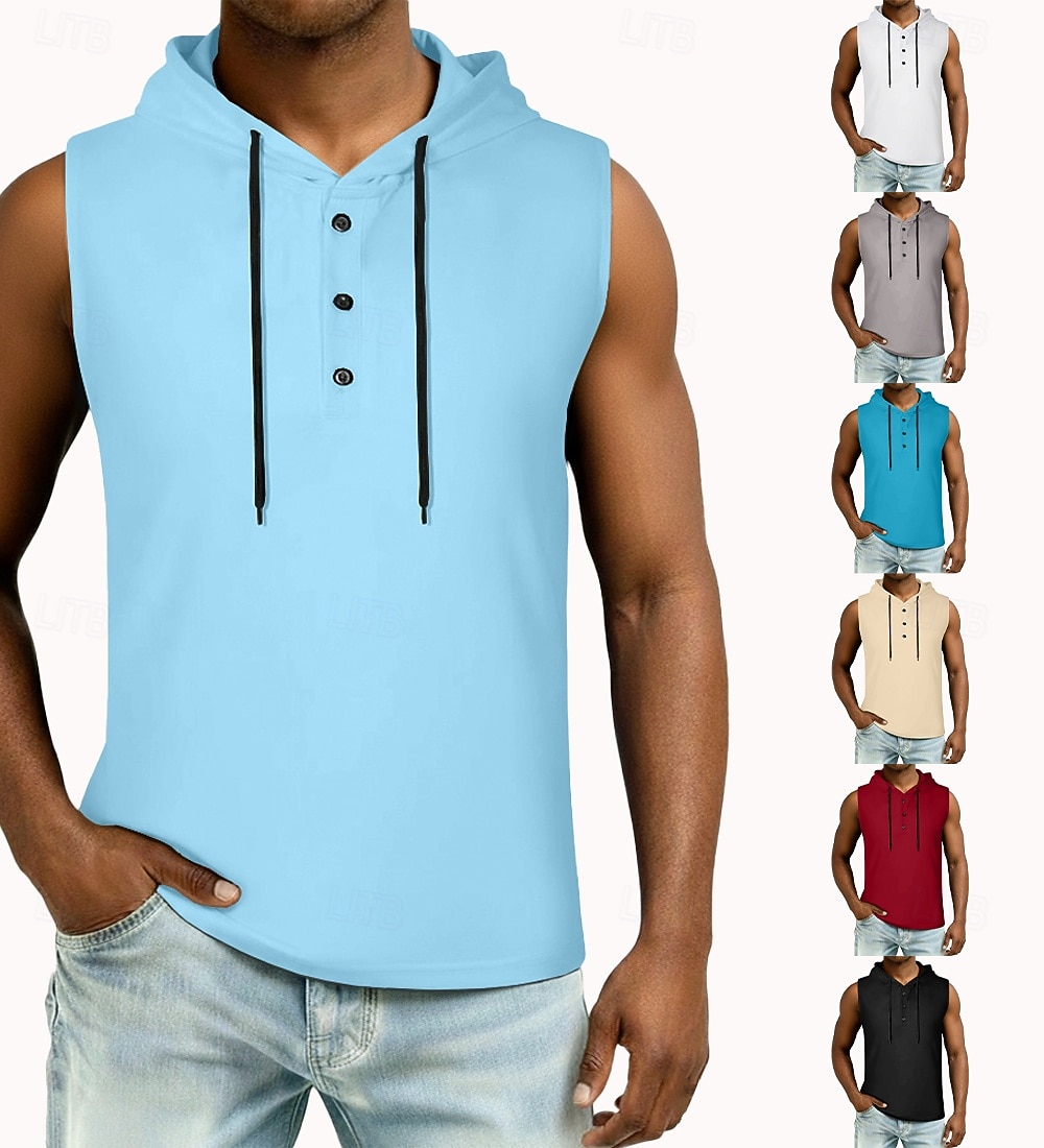 2026年 男性 ベストトップ ヘンリーパーカー ティートップ ノースリーブ フード付き 夏 純色 平織り ファッション デザイナー ベーシック ボタン フード付き カジュアル バケーション ストリート ブルー ブラック ホワイト メンズトップTシャツ  コレクション – $16.49 –P1