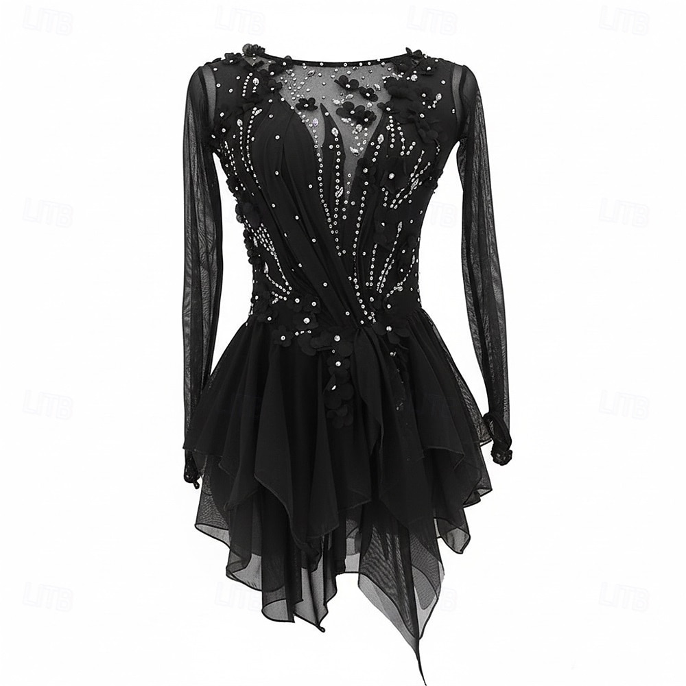 Rochie de Patinaj Artistic Pentru femei Πατινάζ στο πάγο Rochii Negru Peteci Mâneci cu Gaura Înaltă Elasticitate Antrenament Competiție Ținută Patinaj Clasic Cristale / Strasuri Manșon Lung Patinaj 2026 - $339.29 –P1