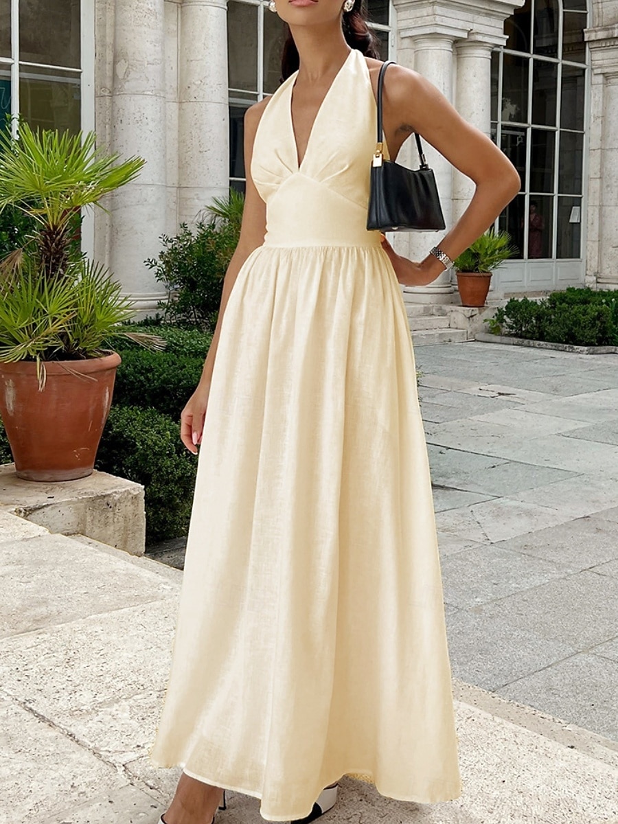 Women's Cotton Linen Maxi Dress A Line Dress Halter Dress Casual Daily Beach Holiday Regular Fit Plain Sleeveless Halter Neck White Sky Blue Green Apricot Summer Spring 2026 - $46.99 Women's Cotton Linen Maxi Dress A Line Dress Halter Dress Casual Daily Beach Holiday Regular Fit Plain Sleeveless Halter Neck White Sky Blue Green Apricot Summer Spring 2026 - $46.99