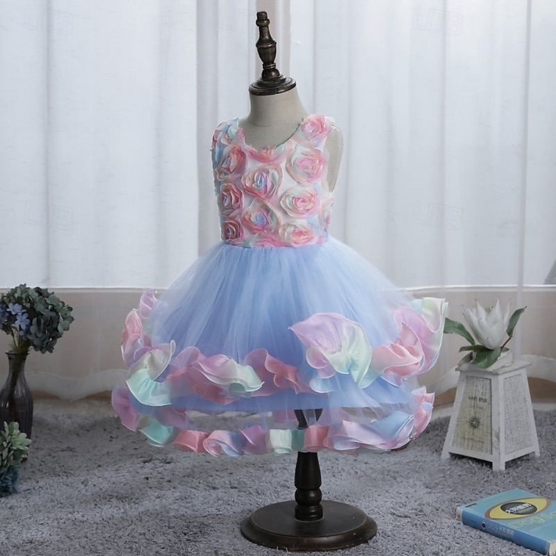 Flower Girl Dress Girls' Formal Dress Wedding Attire Party Wedding Formal Elegant Fashion Adorable Mesh Floral Sleeveless Crew Neck Blue Pink 4 years+ 2026 - $36.99 –P4